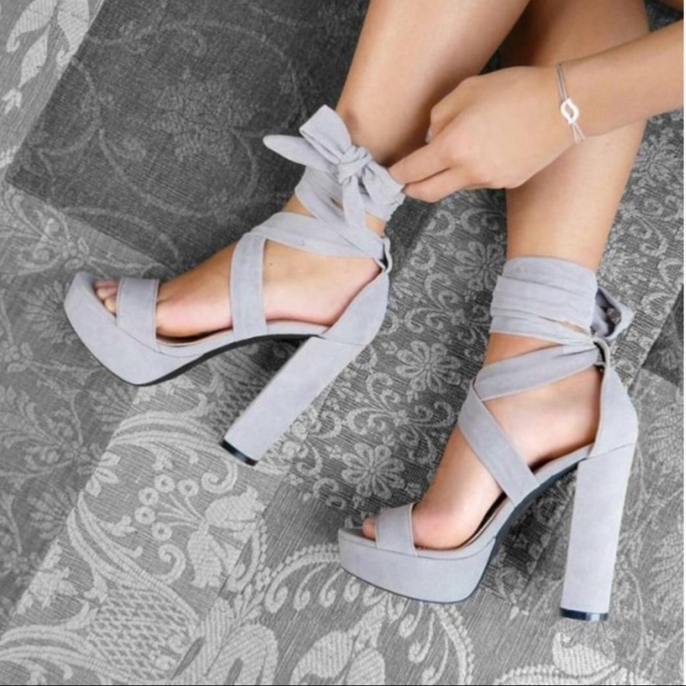 Grey Platform Chunky Heel Ankle Strap Sandals